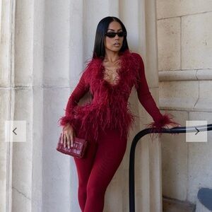 Midnight Impulse Feather Mesh Pant Set Red